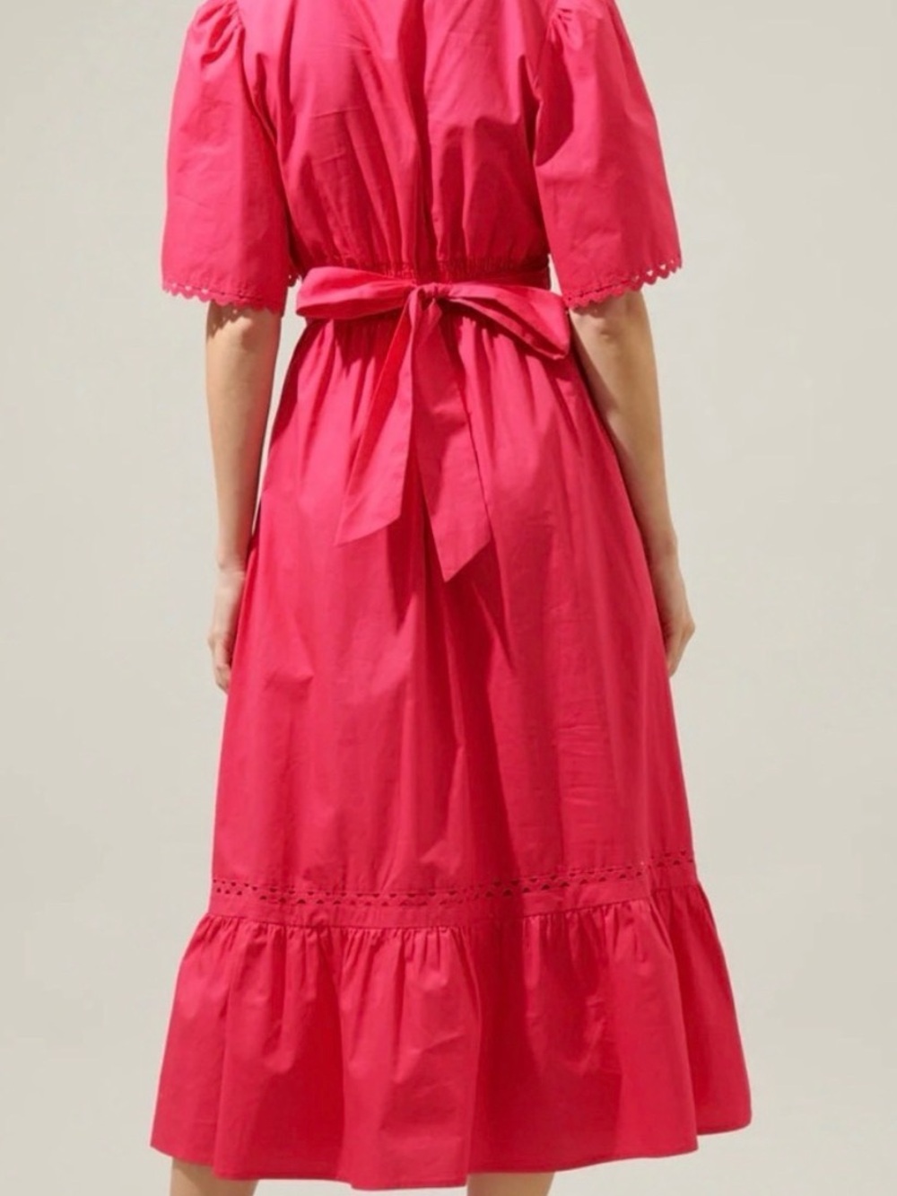 Sugarlips Vibrant Pink Eyelet-Trim Camden Poplin Midi Dress Size Medium - Picture 2 of 12
